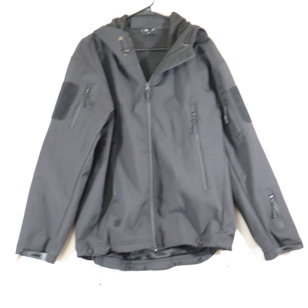 Tactical Softshell Jacket Mens L Black Hooded Multi Pocket Eagle Logo Tag